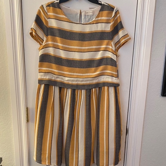 Summer Cottagecore Altar'd State Striped Mini Dress in Yellow and Gray - Picture 3 of 6
